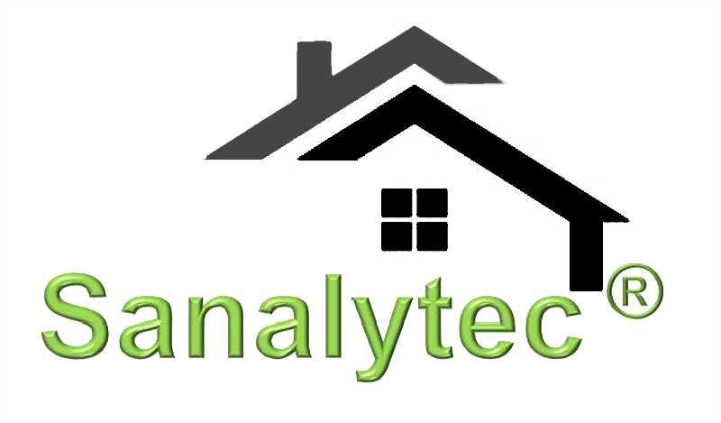 Logo mit einem stilisierten schwarzen und grauen Hausdach über einem Fenster, das einen Wasserschaden hervorhebt, und dem Wort Sanalyttec® in grünem 3D-Text darunter.