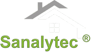 Das Bild zeigt ein stilisiertes Hausdach in Grau und Weiß über dem Wort Sanalytic in grüner Schrift, mit einem eingetragenen Markensymbol daneben, das auf Fachwissen bei der Vorbeugung oder Behandlung von Wasserschäden hinweist.