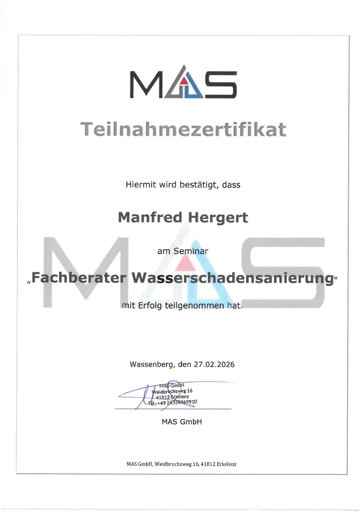 Teilnahmezertifikat Fachberater Wasserschadensanierung — Manfred Hergert