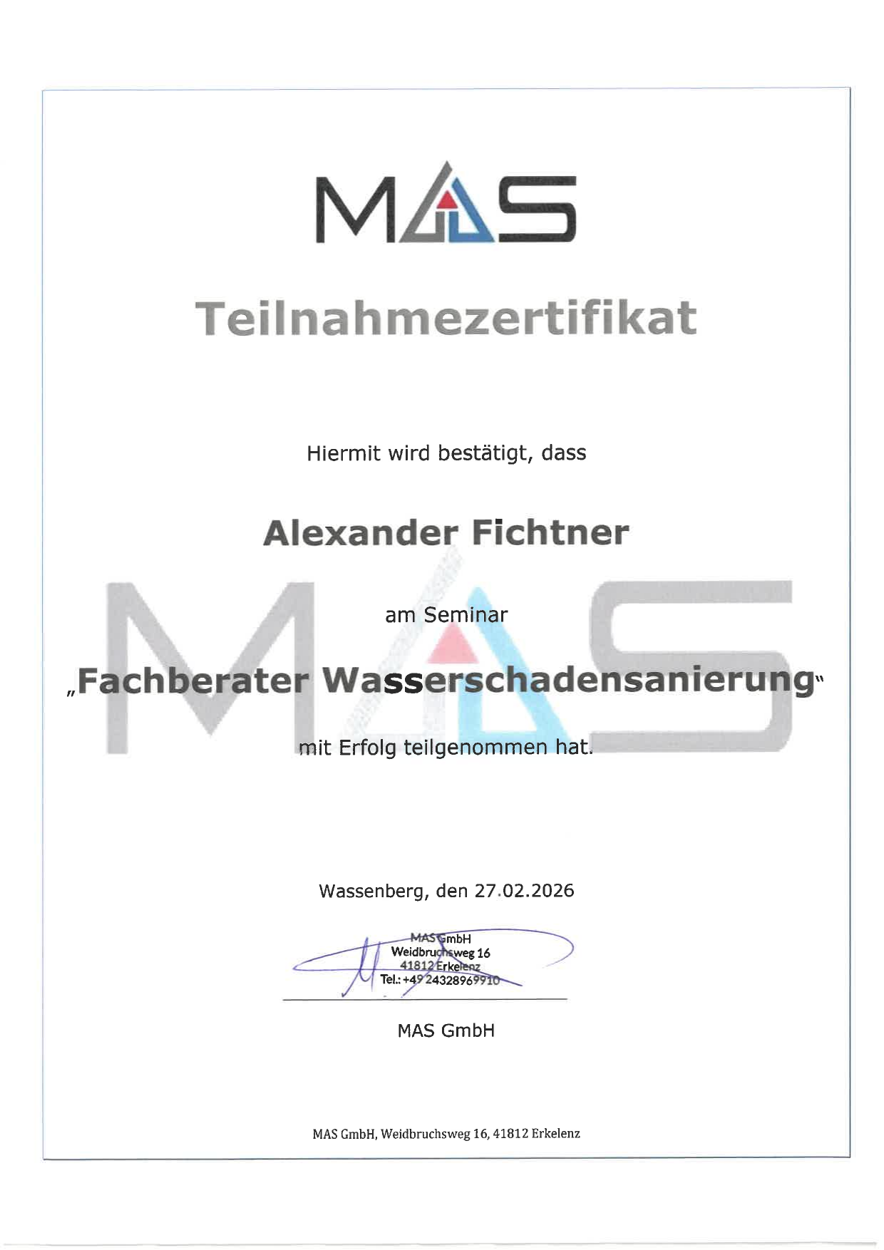 Teilnahmezertifikat Fachberater Wasserschadensanierung — Alexander Fichtner