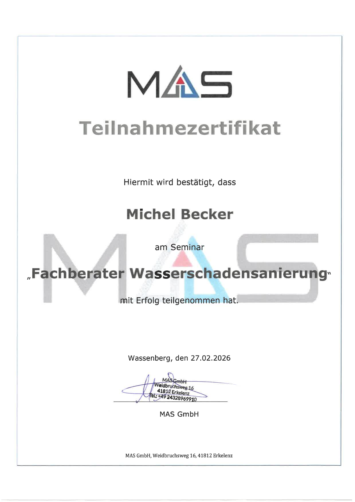 Teilnahmezertifikat Fachberater Wasserschadensanierung — Michel Becker