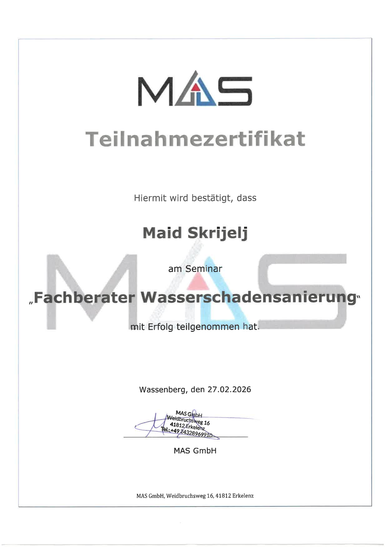 Teilnahmezertifikat Fachberater Wasserschadensanierung — Maid Skrijelj