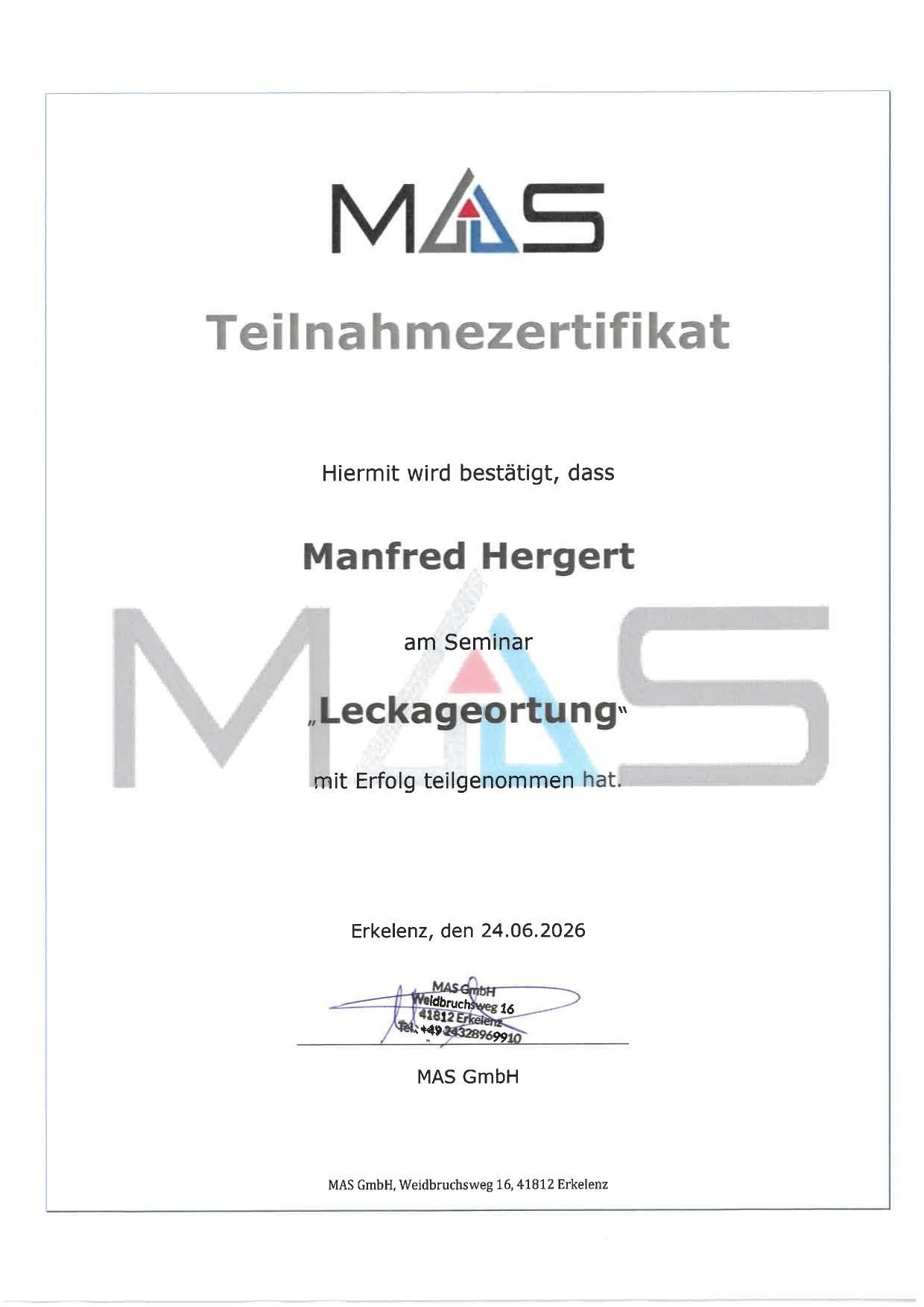 Teilnahmezertifikat Leckageortung — Manfred Hergert