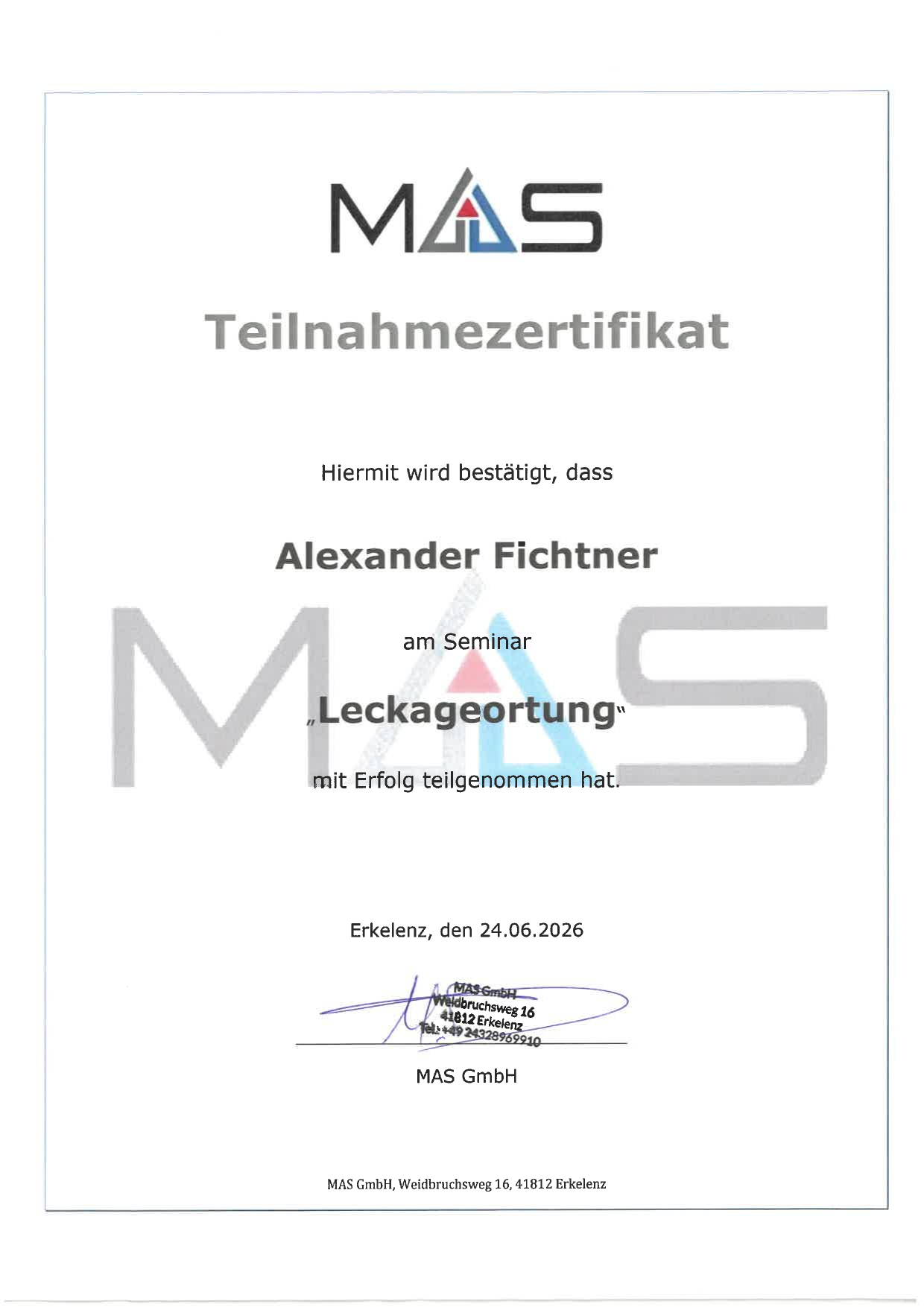 Teilnahmezertifikat Leckageortung — Alexander Fichtner