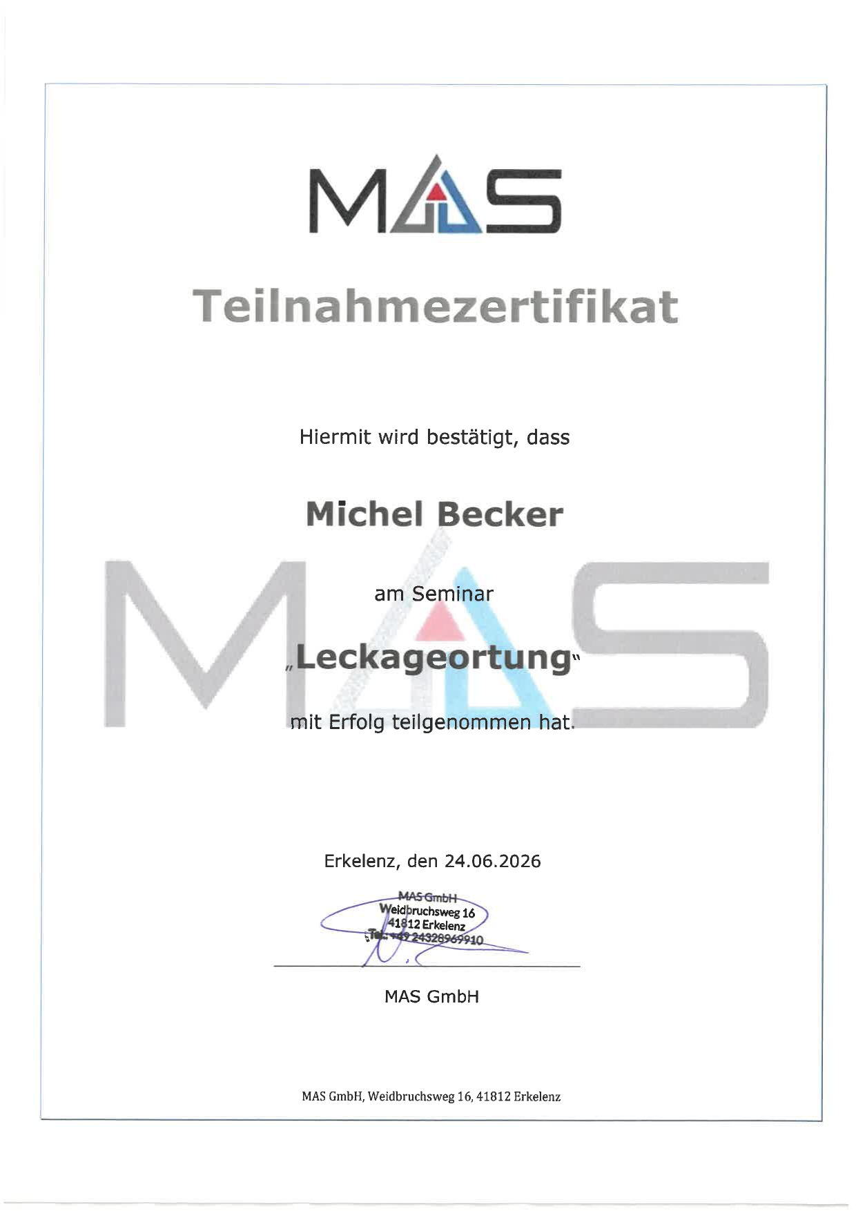 Teilnahmezertifikat Leckageortung — Michel Becker