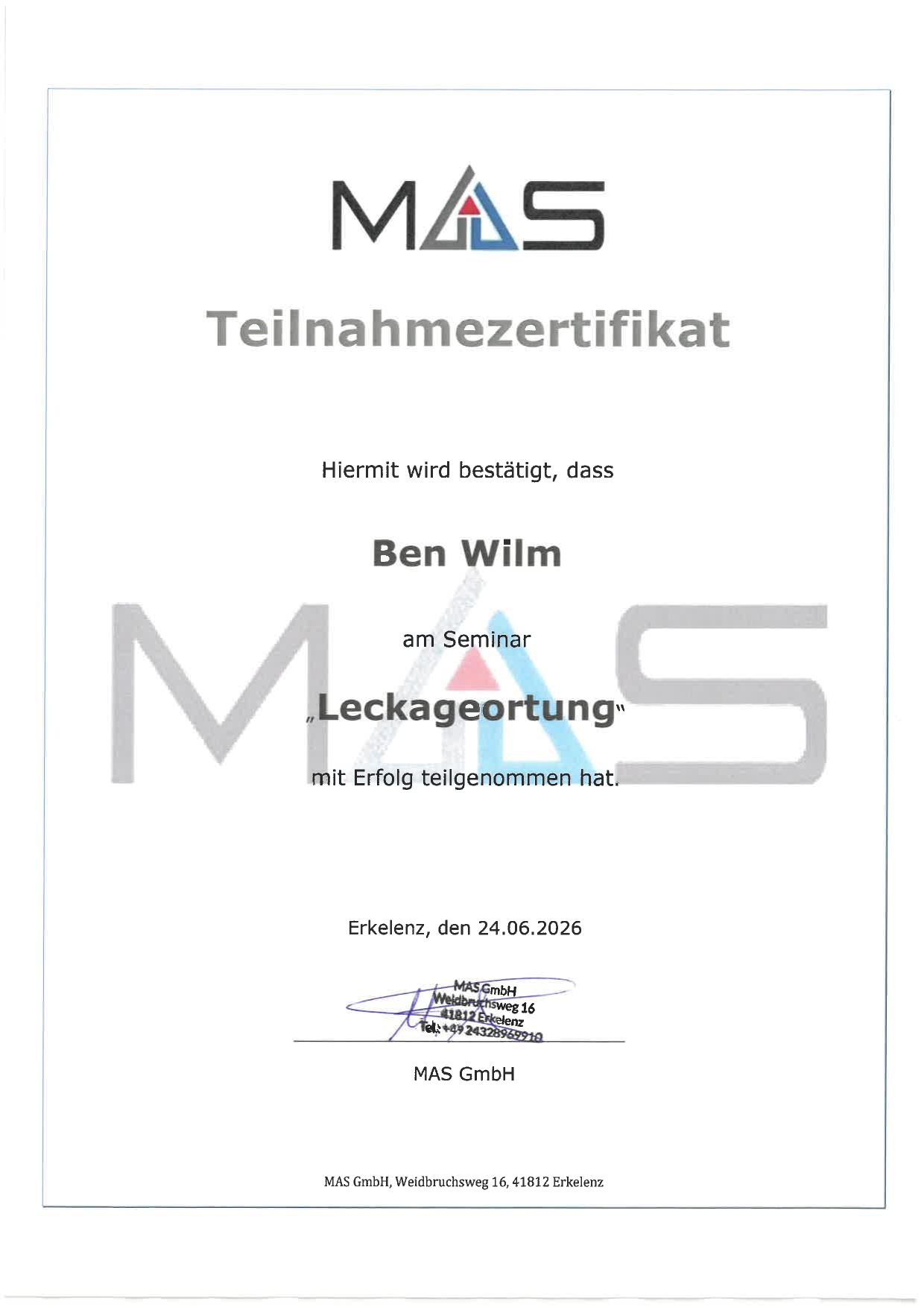 Teilnahmezertifikat Leckageortung — Ben Wilm