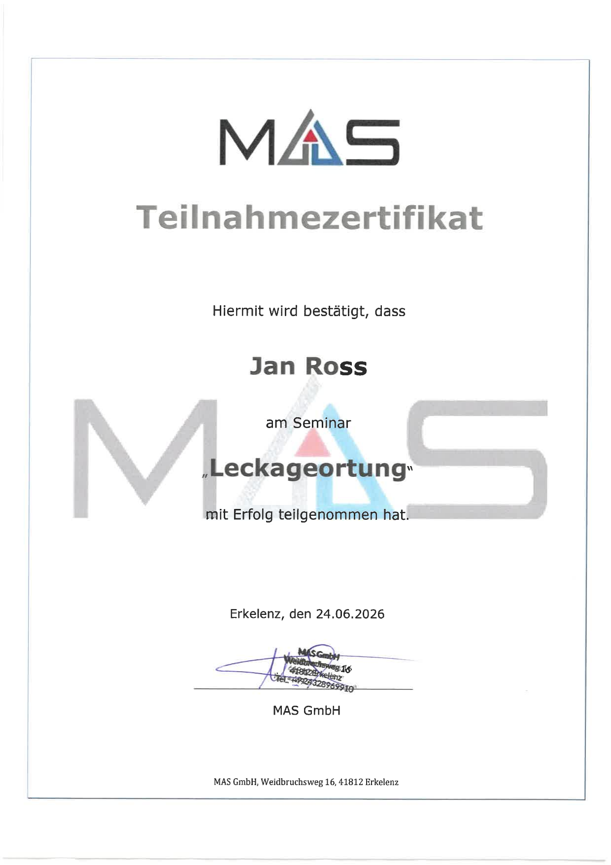 Teilnahmezertifikat Leckageortung — Jan Ross