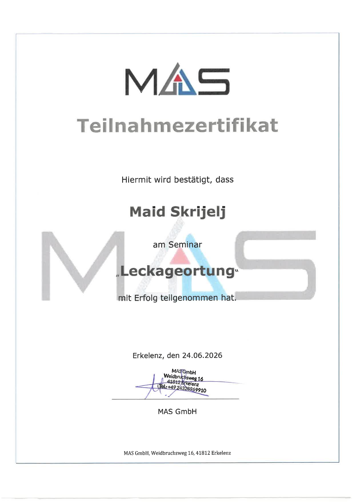 Teilnahmezertifikat Leckageortung — Maid Skrijelj
