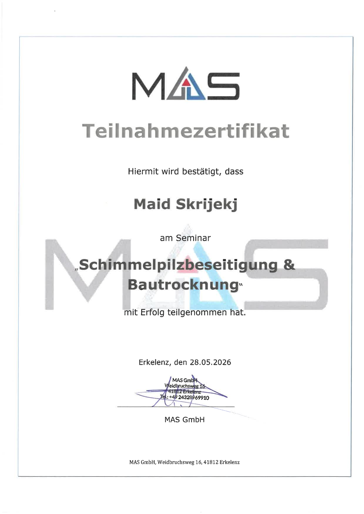 Teilnahmezertifikat Schimmelpilzbeseitigung & Bautrocknung — Maid Skrijelj