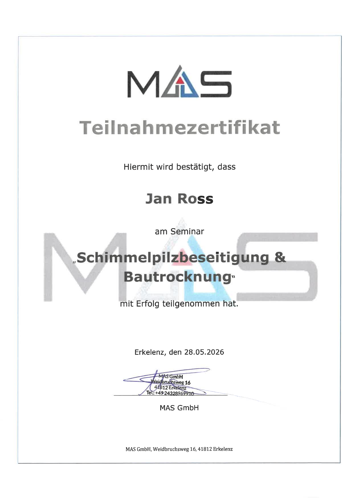 Teilnahmezertifikat Schimmelpilzbeseitigung & Bautrocknung — Jan Ross