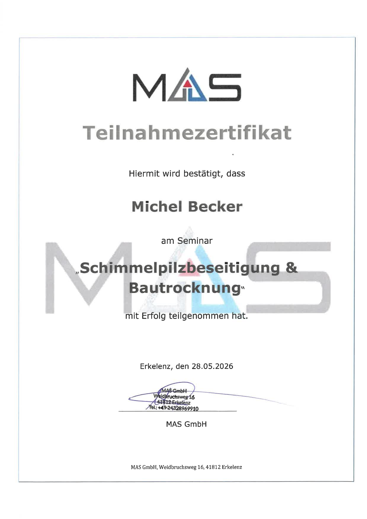 Teilnahmezertifikat Schimmelpilzbeseitigung & Bautrocknung — Michel Becker