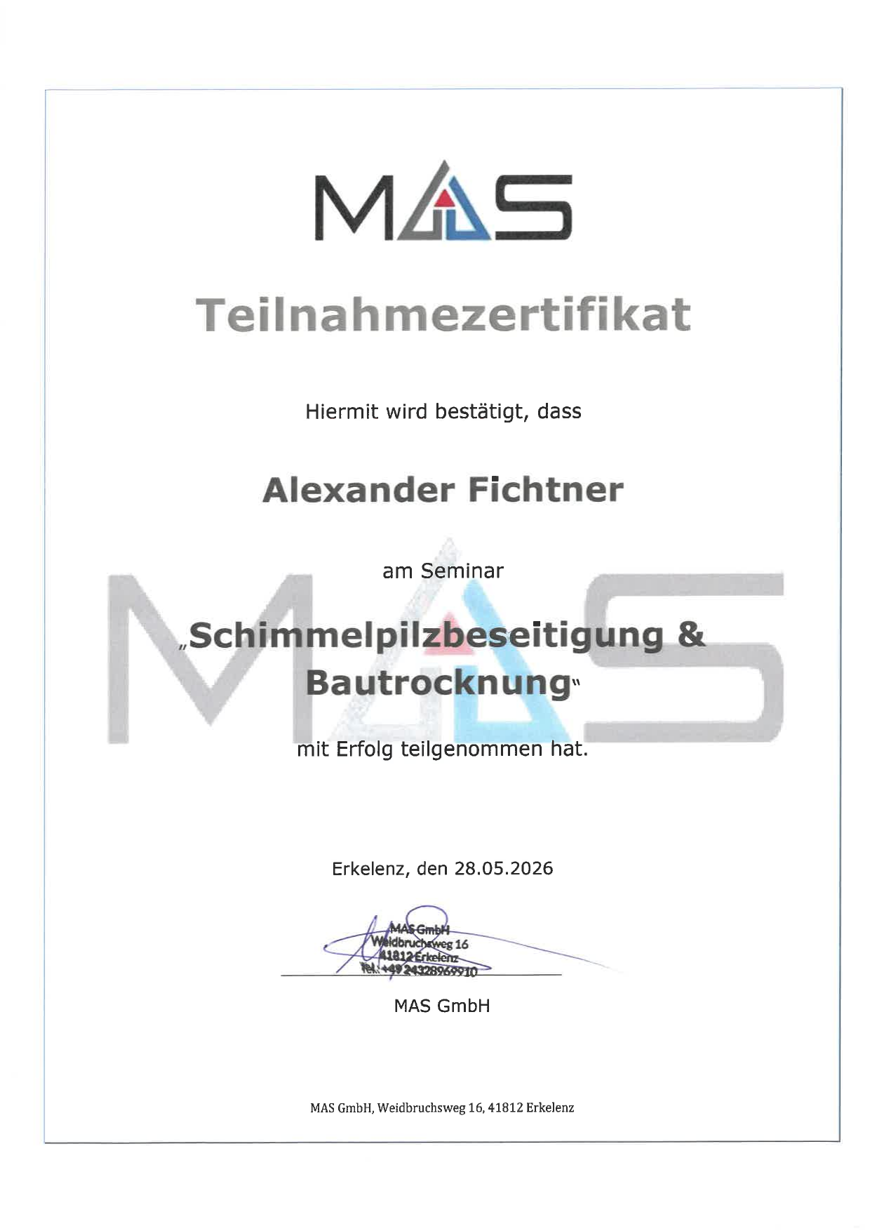 Teilnahmezertifikat Schimmelpilzbeseitigung & Bautrocknung — Alexander Fichtner