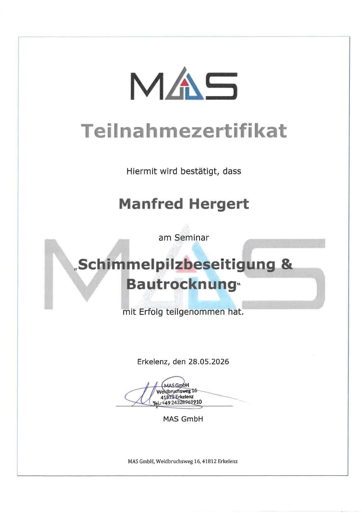 Teilnahmezertifikat Schimmelpilzbeseitigung & Bautrocknung — Manfred Hergert