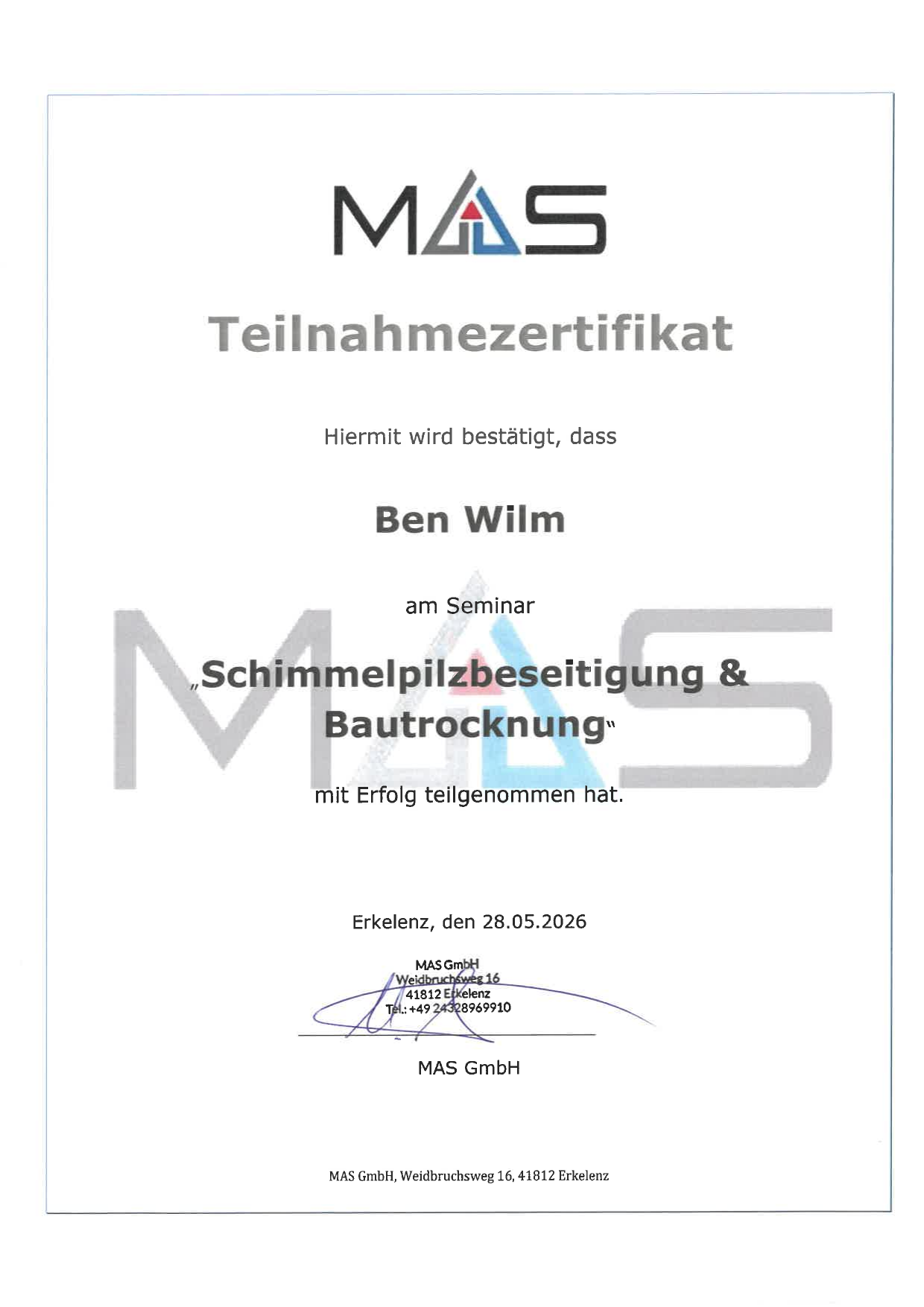 Teilnahmezertifikat Schimmelpilzbeseitigung & Bautrocknung — Ben Wilm