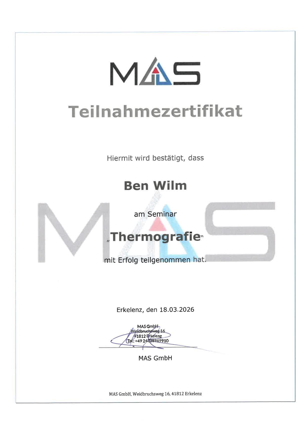 Teilnahmezertifikat Thermografie — Ben Wilm