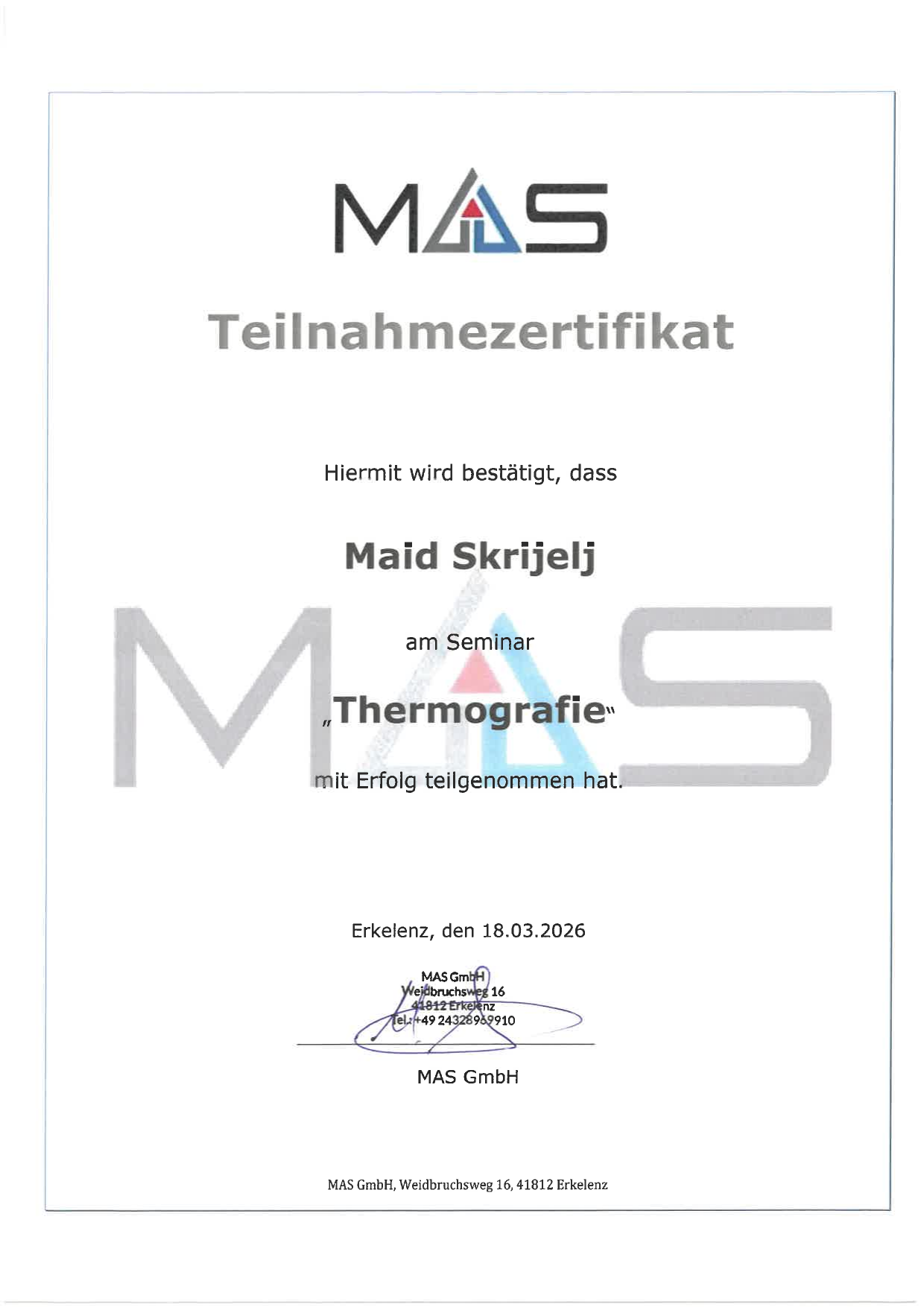 Teilnahmezertifikat Thermografie — Maid Skrijelj
