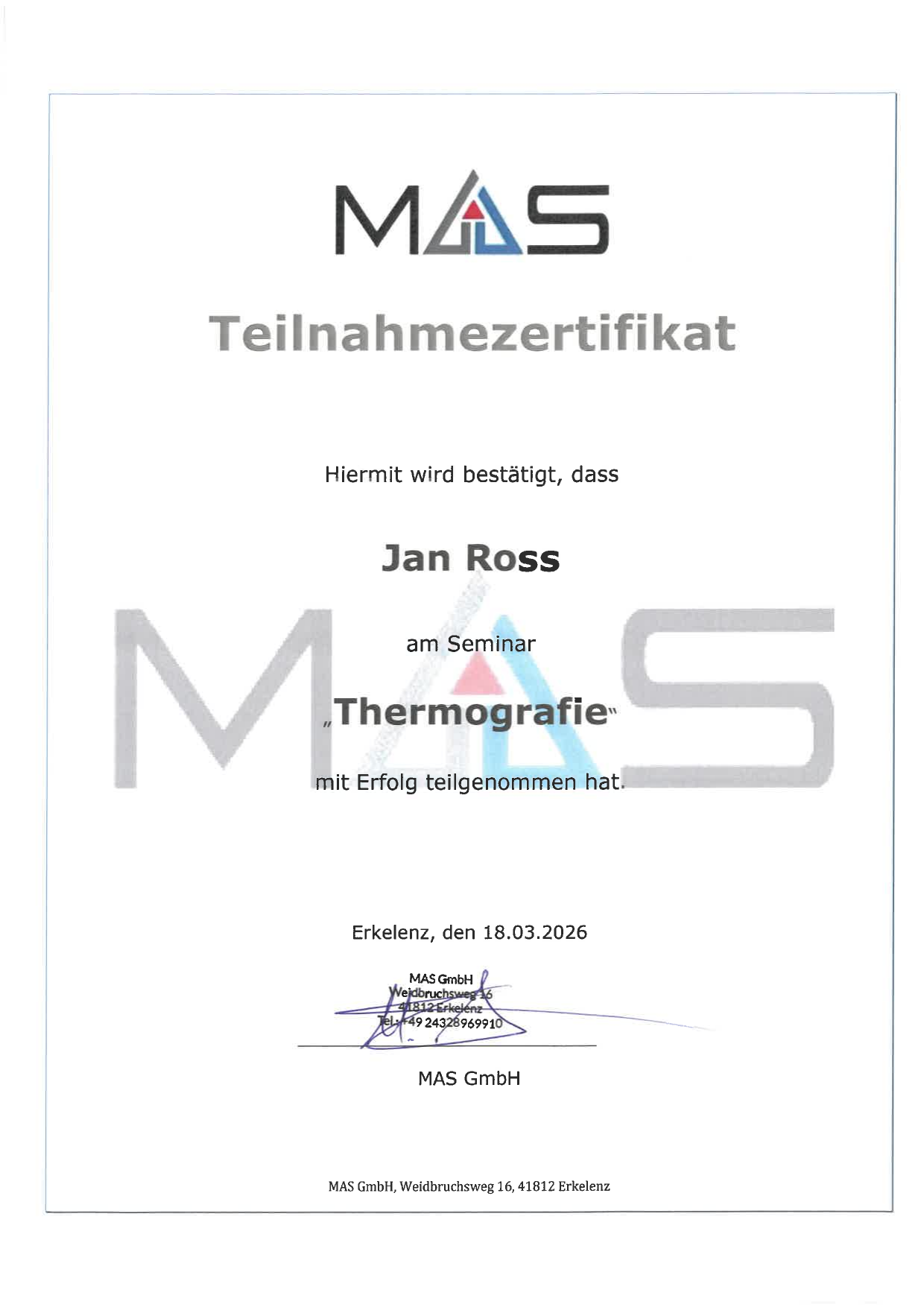 Teilnahmezertifikat Thermografie — Jan Ross