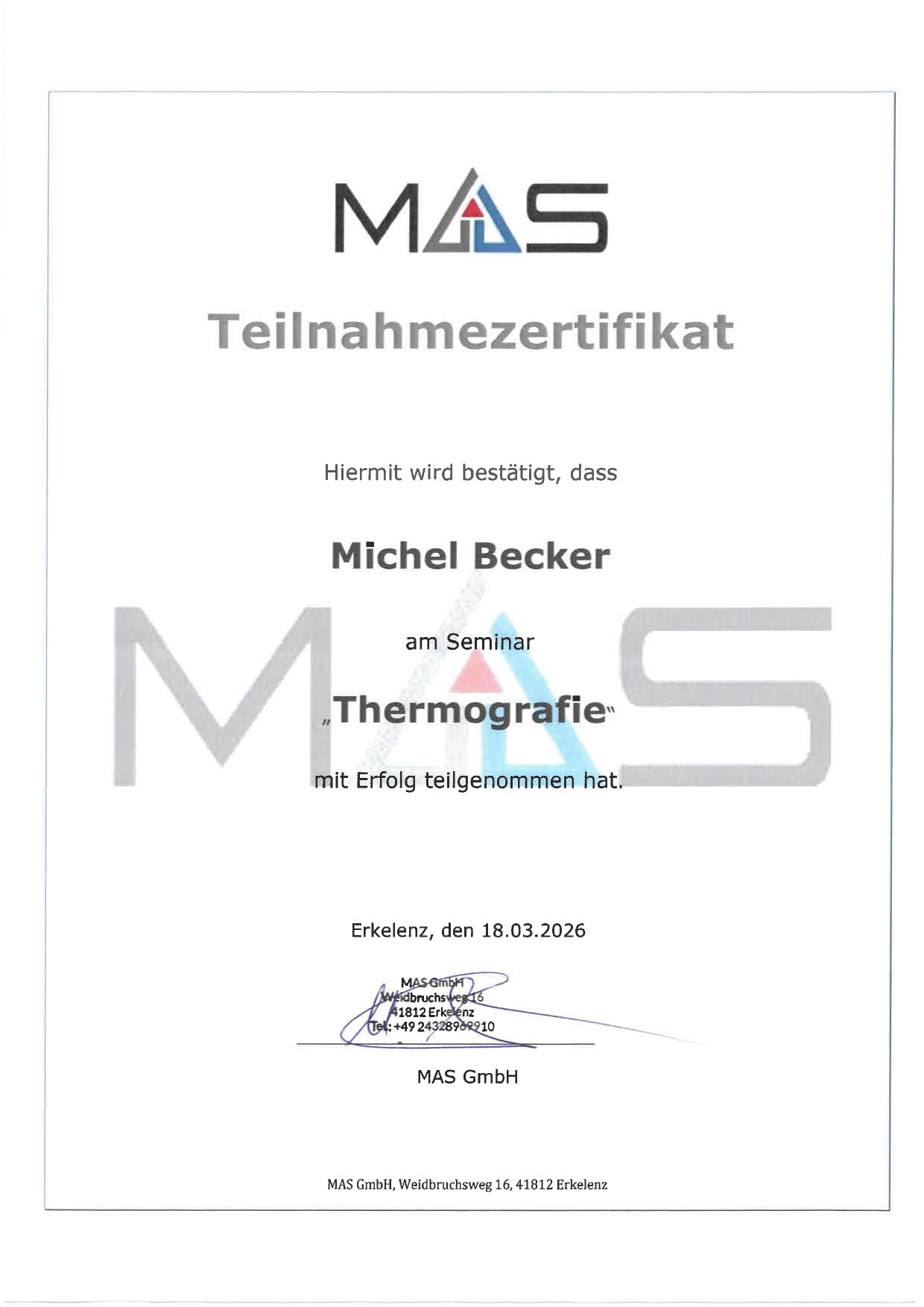 Teilnahmezertifikat Thermografie — Michel Becker