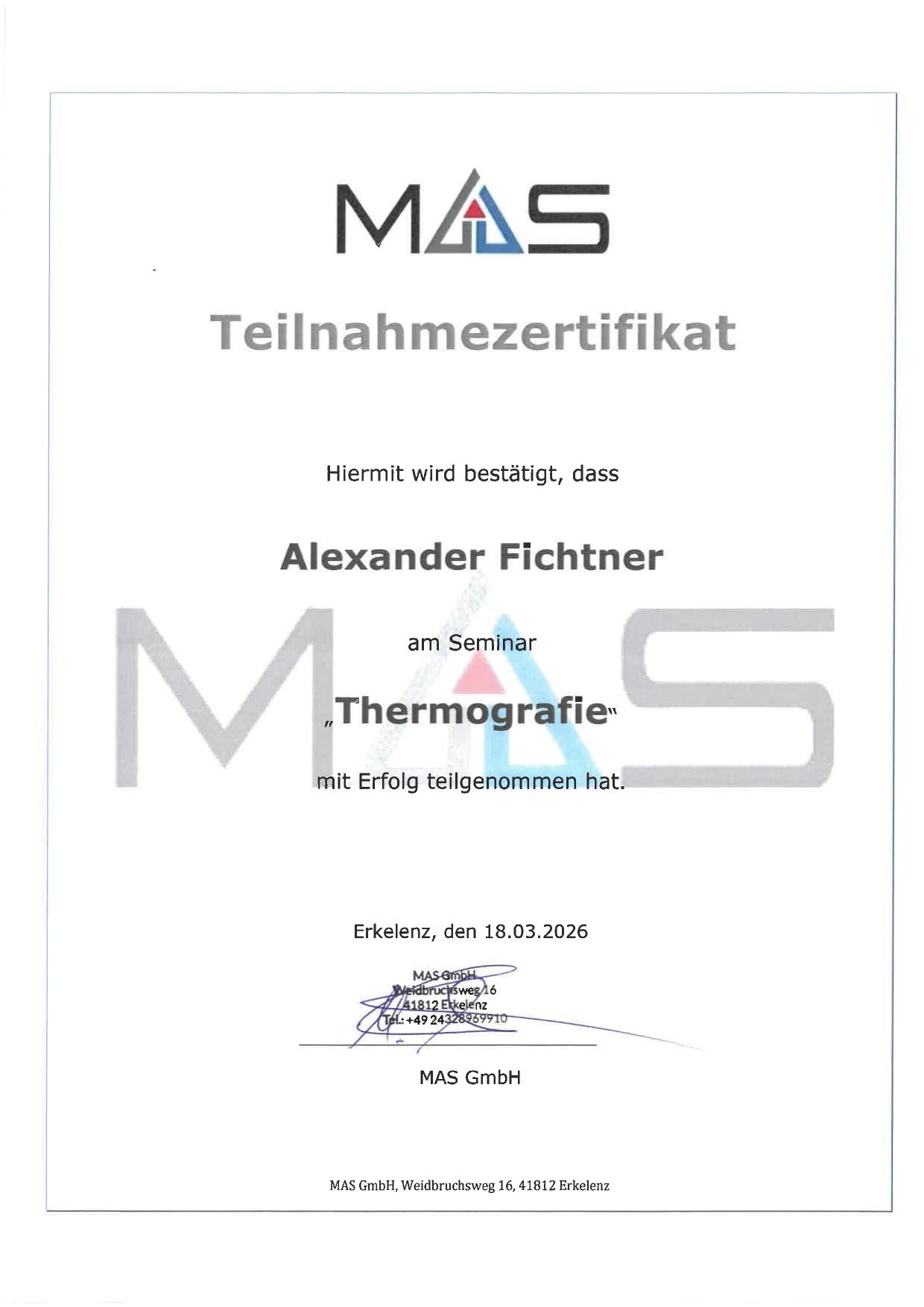 Teilnahmezertifikat Thermografie — Alexander Fichtner