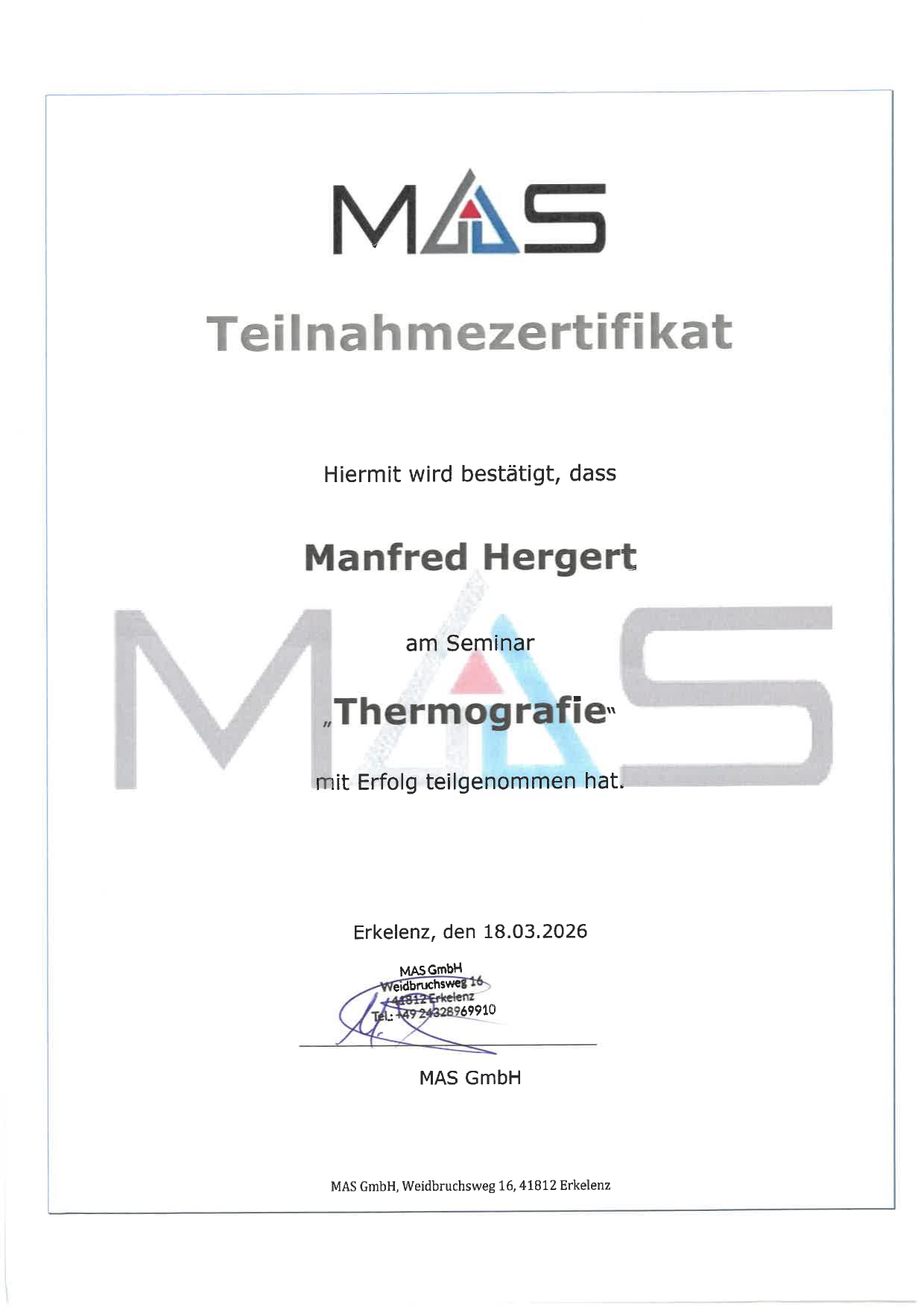Teilnahmezertifikat Thermografie — Manfred Hergert